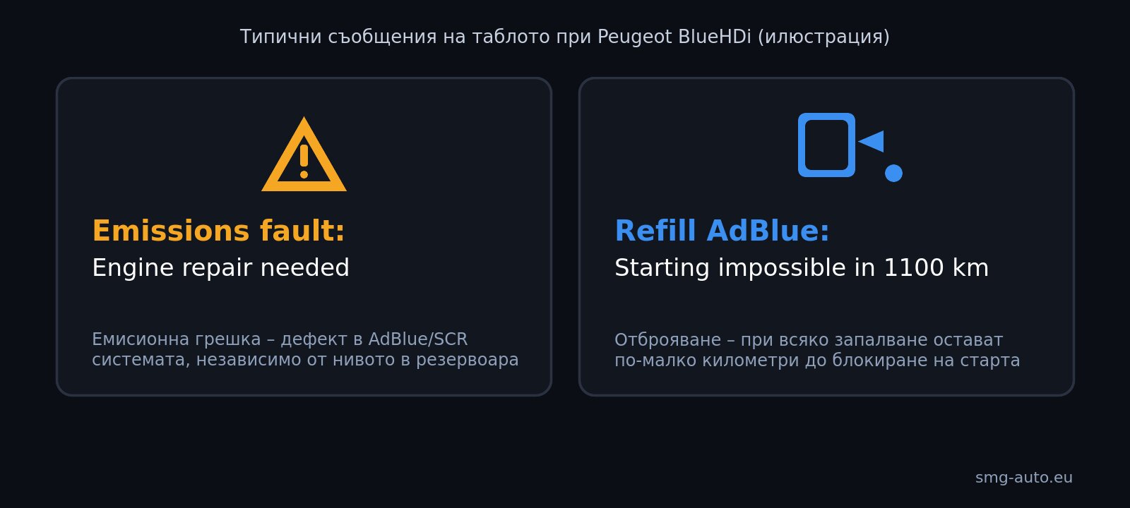 Типични AdBlue съобщения на таблото при Peugeot BlueHDi