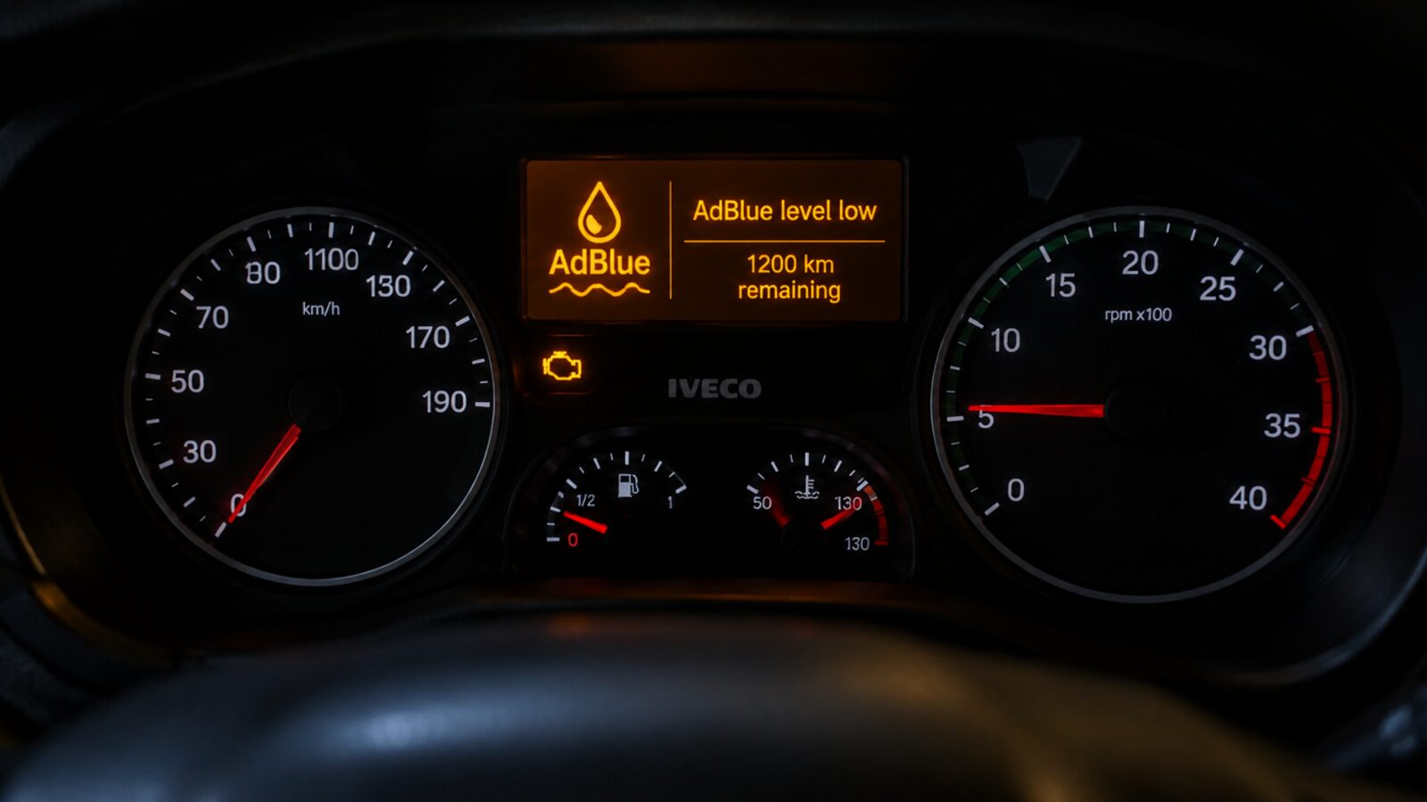 Табло на Iveco Daily с предупреждение за ниско ниво на AdBlue и отброяване на километри