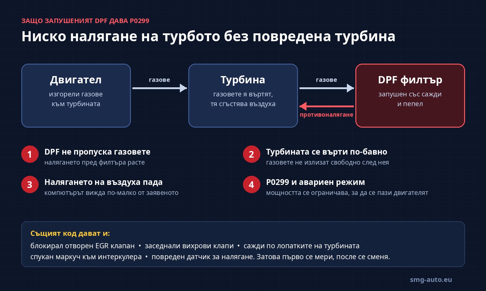 Инфографика: как запушеният DPF създава противоналягане, турбината се върти по-бавно и се появява грешка P0299