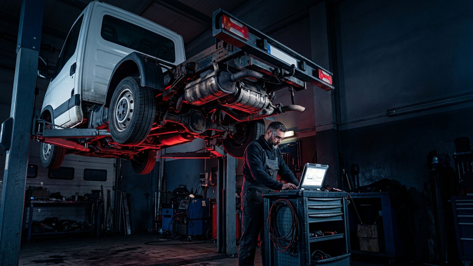 Iveco Daily на подемник при проверка на филтъра за твърди частици заради код P1206
