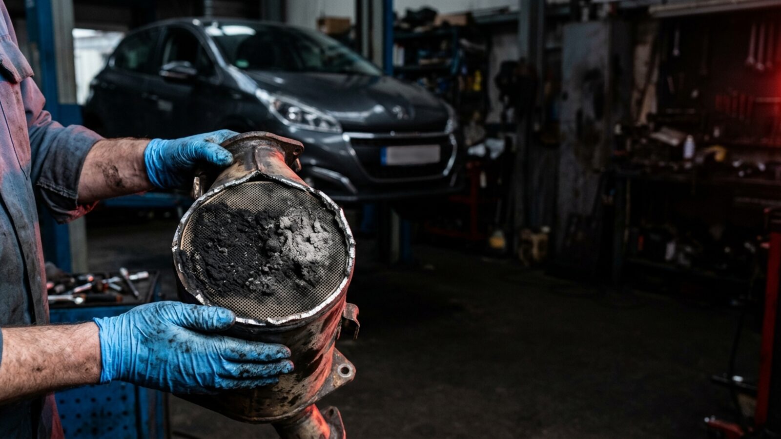 Разрез на запушен DPF с натрупани сажди от Peugeot HDi при грешка P1490