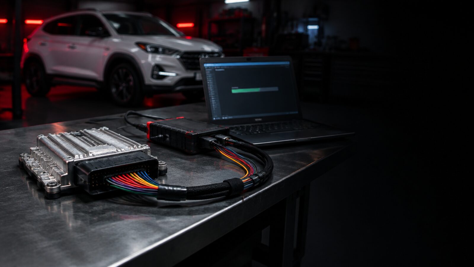 Моторен компютър SIM2K-510 на Hyundai Tucson 1.6 CRDi, свързан на бенч за четене в сервиза на SMG-Auto